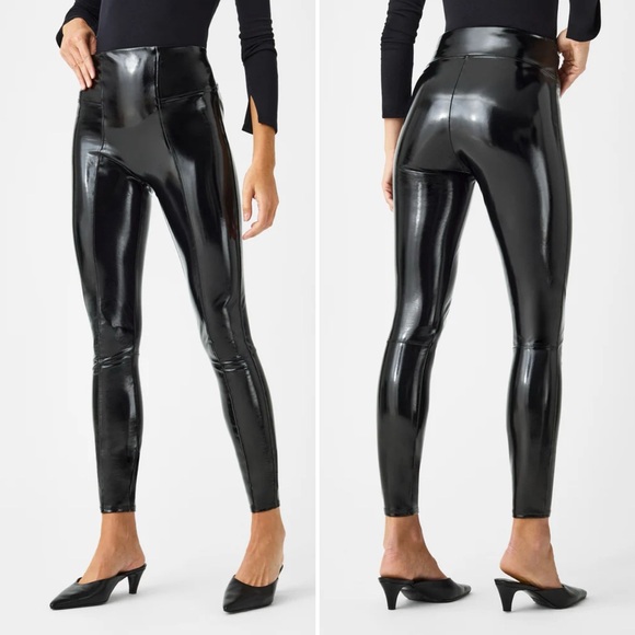 SPANX Shape Faux Leather Patent High Rise Leggings Black Sz XS - Picture 1 of 11